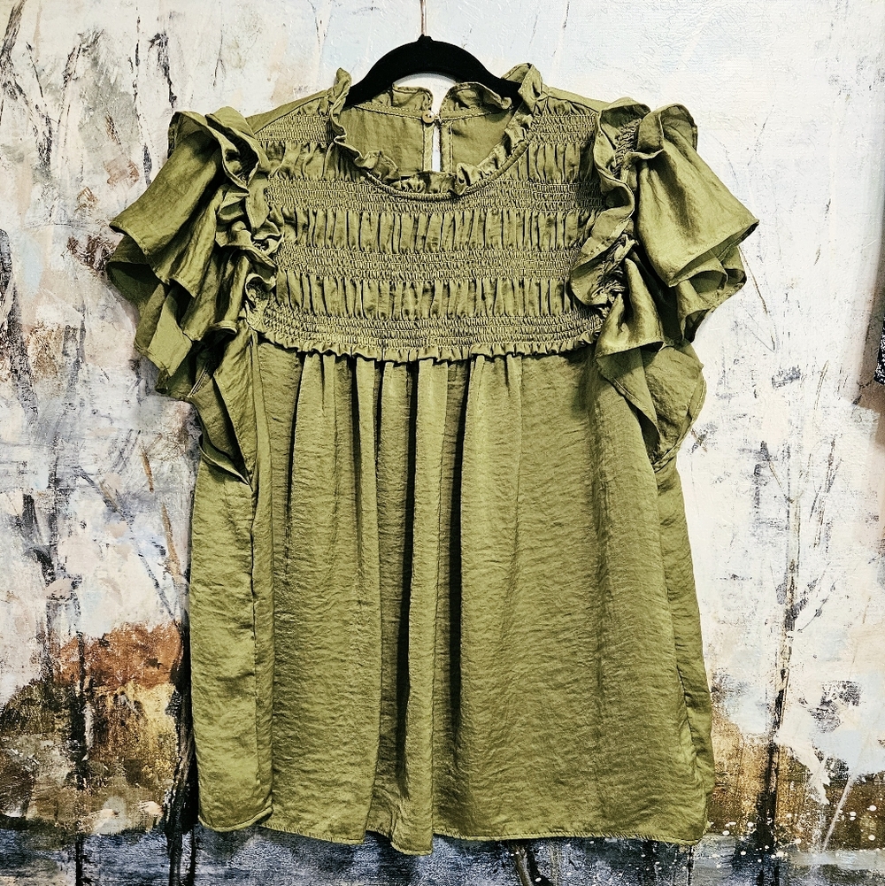 Unbranded Deep Lichen/ Khaki Green Crinkle Smocked Bodice Flutter Sleeve Blouse